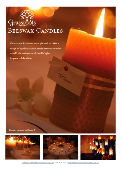 handmade beeswax candles, event candles, eco-chic wedding, eco-chic bride, natural wedding, sustainable event Grassroots Productions